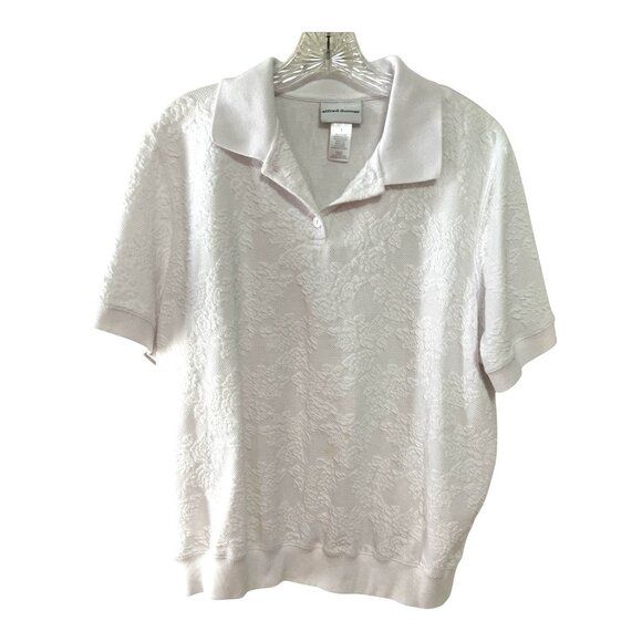Alfred Dunner Women’s Size L Textured Knit Polo Top – White Floral Jacquard - Picture 4 of 6